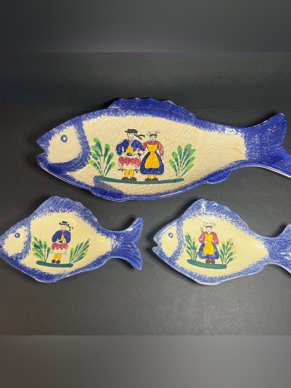 Vintage Set of 3 Hand Painted Ceramic French Rotheneuf Fish Plates / Dish Decor